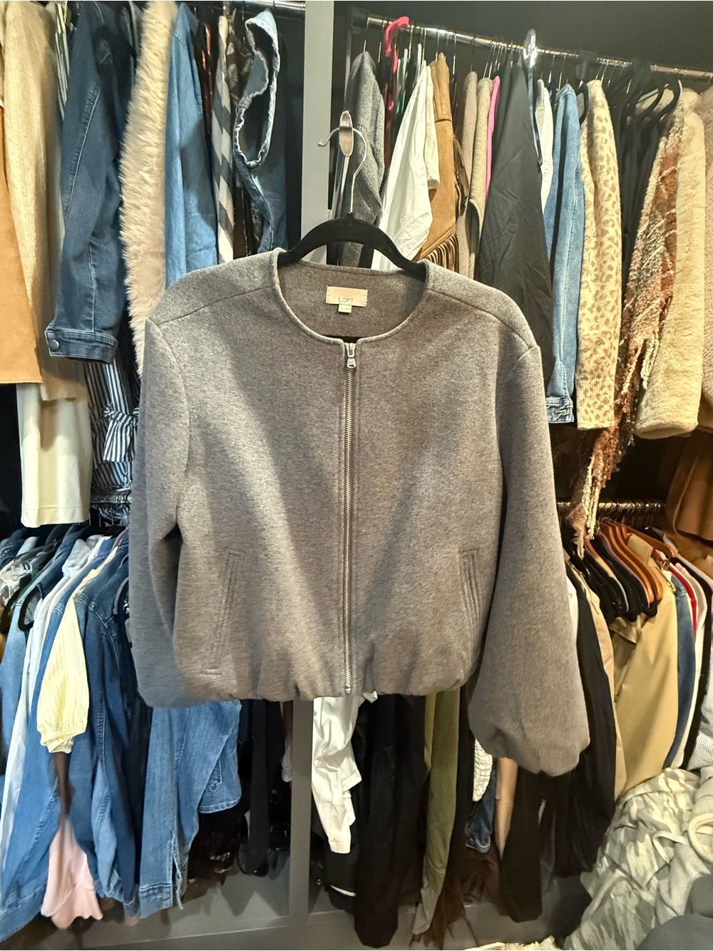 LOFT Gray Full-Zip Bomber Jacket